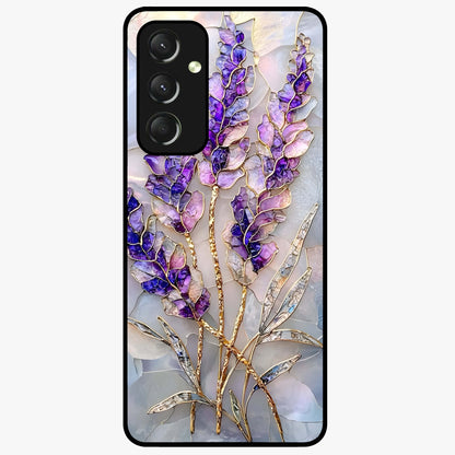 Lavender Dream Glow Glass Case showing flat back view with glowing lavender aesthetic artwork and glossy glass finish.