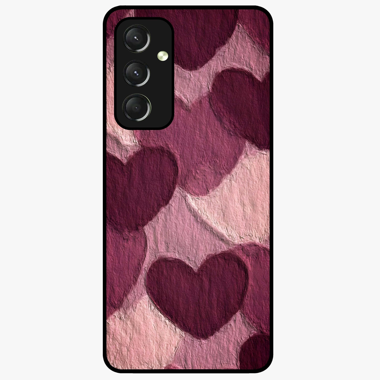 Layered Paper Hearts Glass Case showing flat back view with layered paper heart artwork and glossy glass finish.