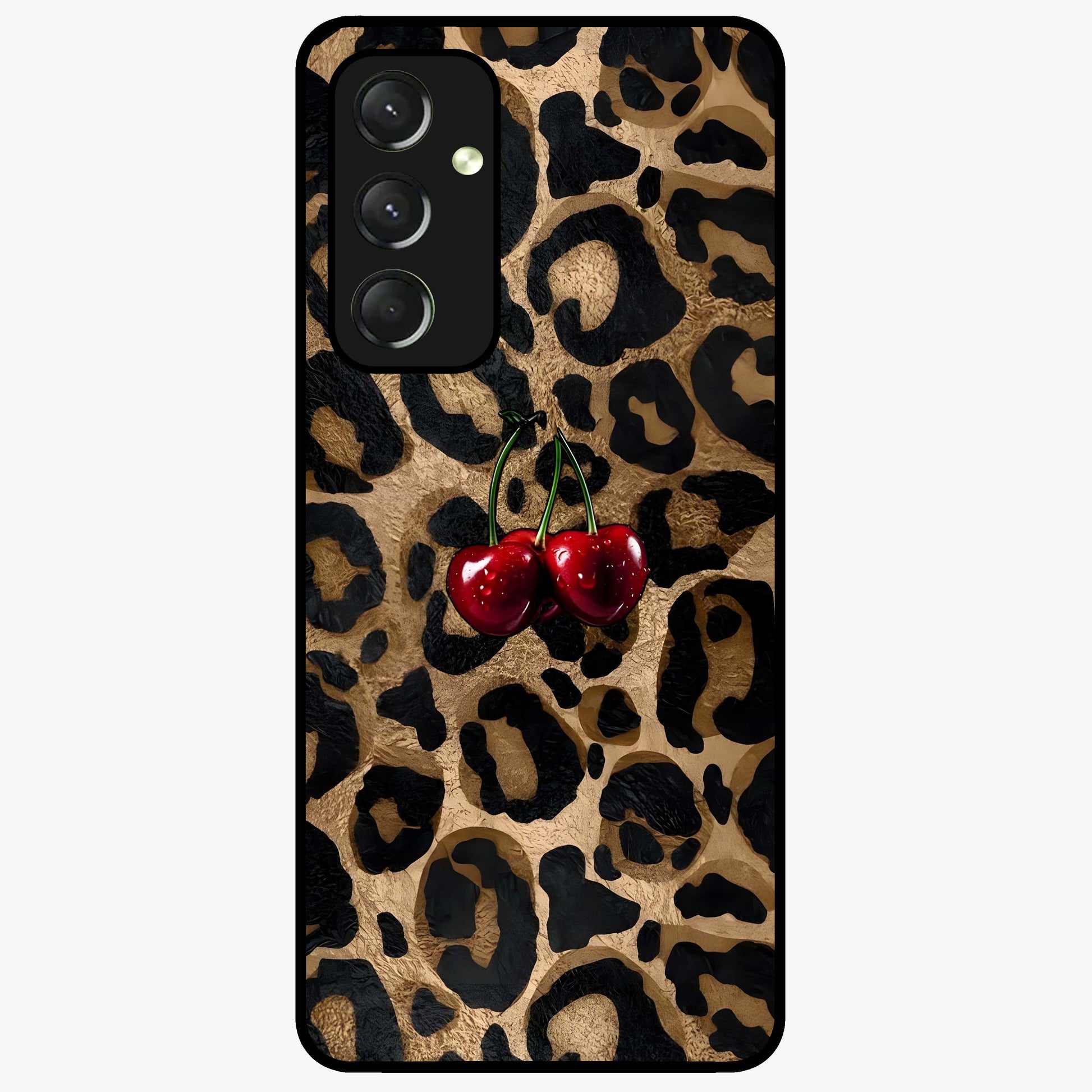 Leopard Wild Cherry Glass Case showing flat back view with leopard pattern and cherry artwork and glossy glass finish.