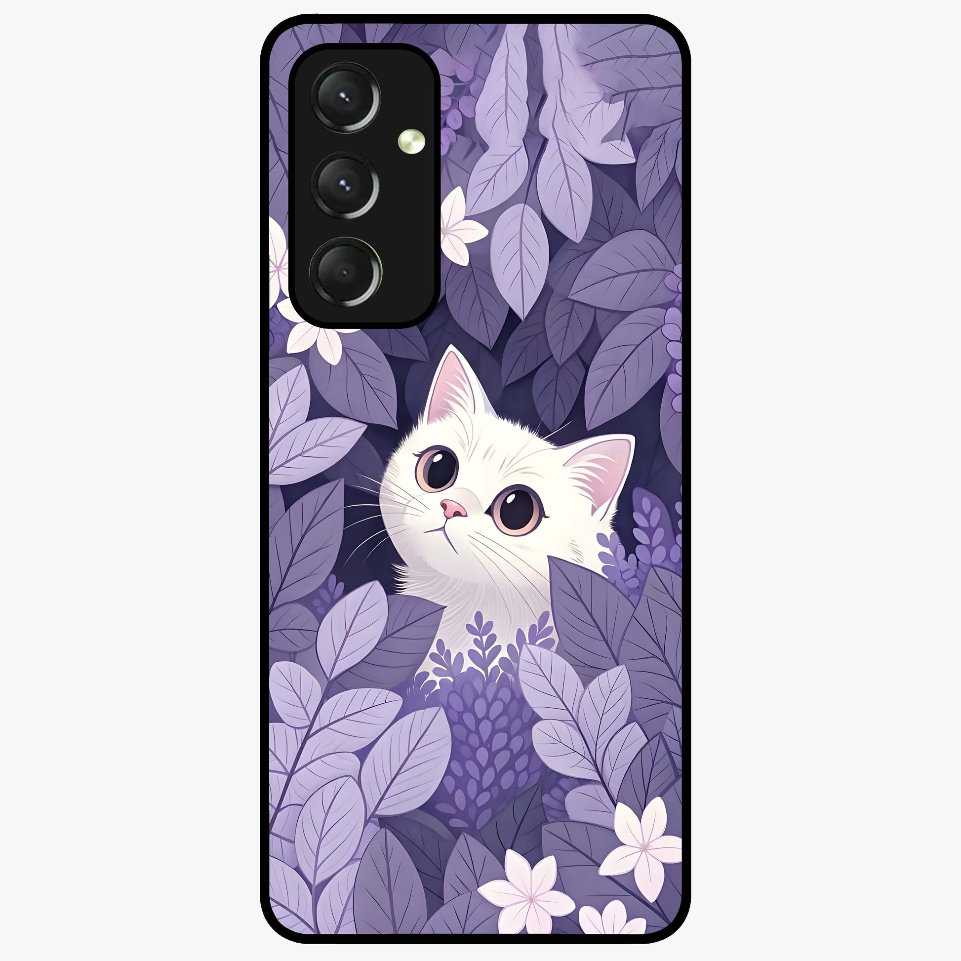 Lilac Hide Peek Cat Glass Case showing flat back view with cute peeking cat artwork and glossy glass finish.