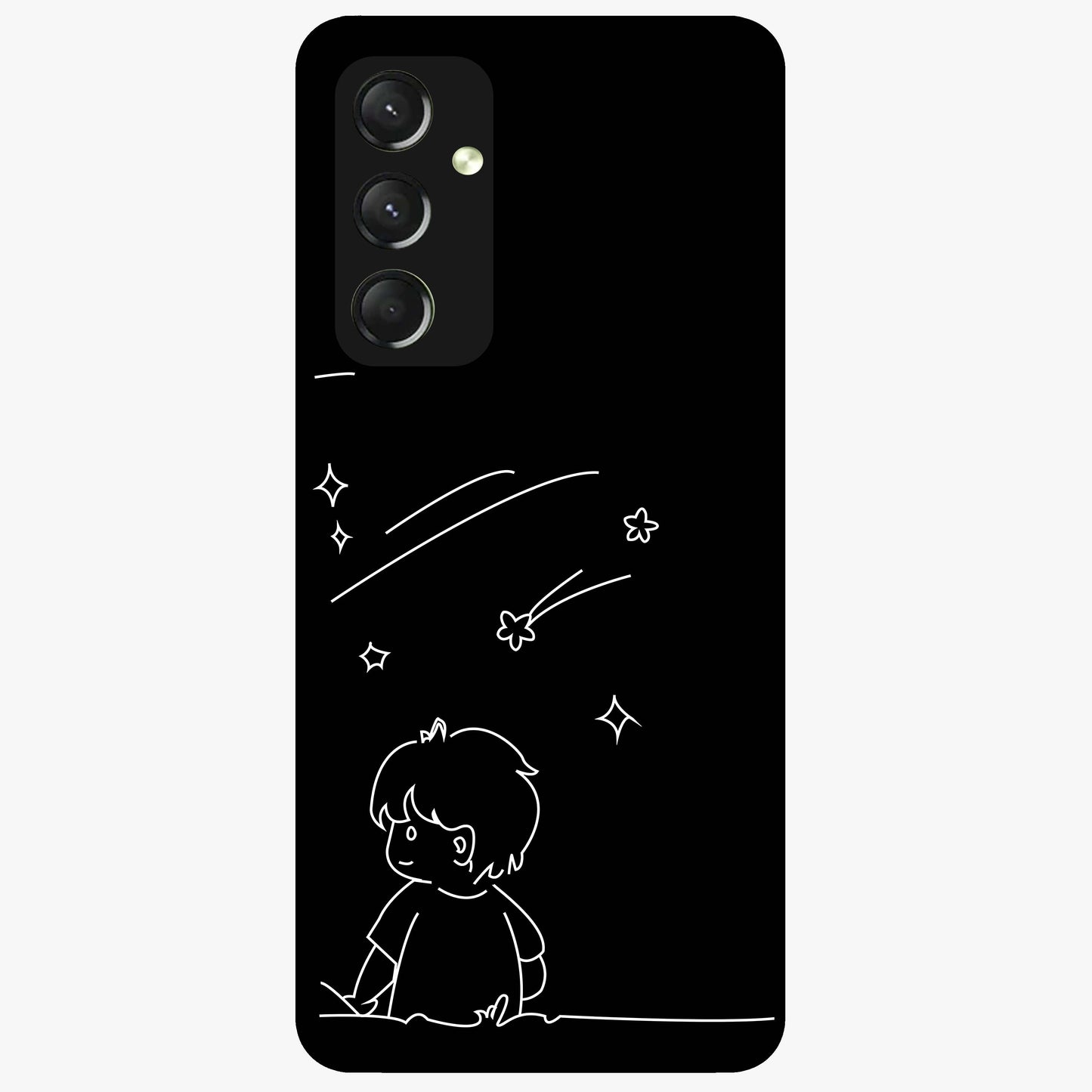 Line Art Boy With Shooting Stars Glass Case showing flat back view with minimal line art boy and shooting stars illustration and glossy glass finish.