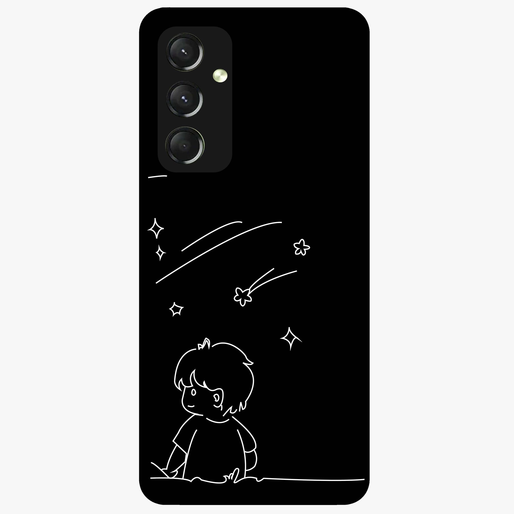 Line Art Boy With Shooting Stars Glass Case showing flat back view with minimal line art boy and shooting stars illustration and glossy glass finish.
