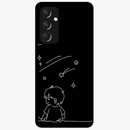 Line Art Boy With Shooting Stars Glass Case showing flat back view with minimal line art boy and shooting stars illustration and glossy glass finish.