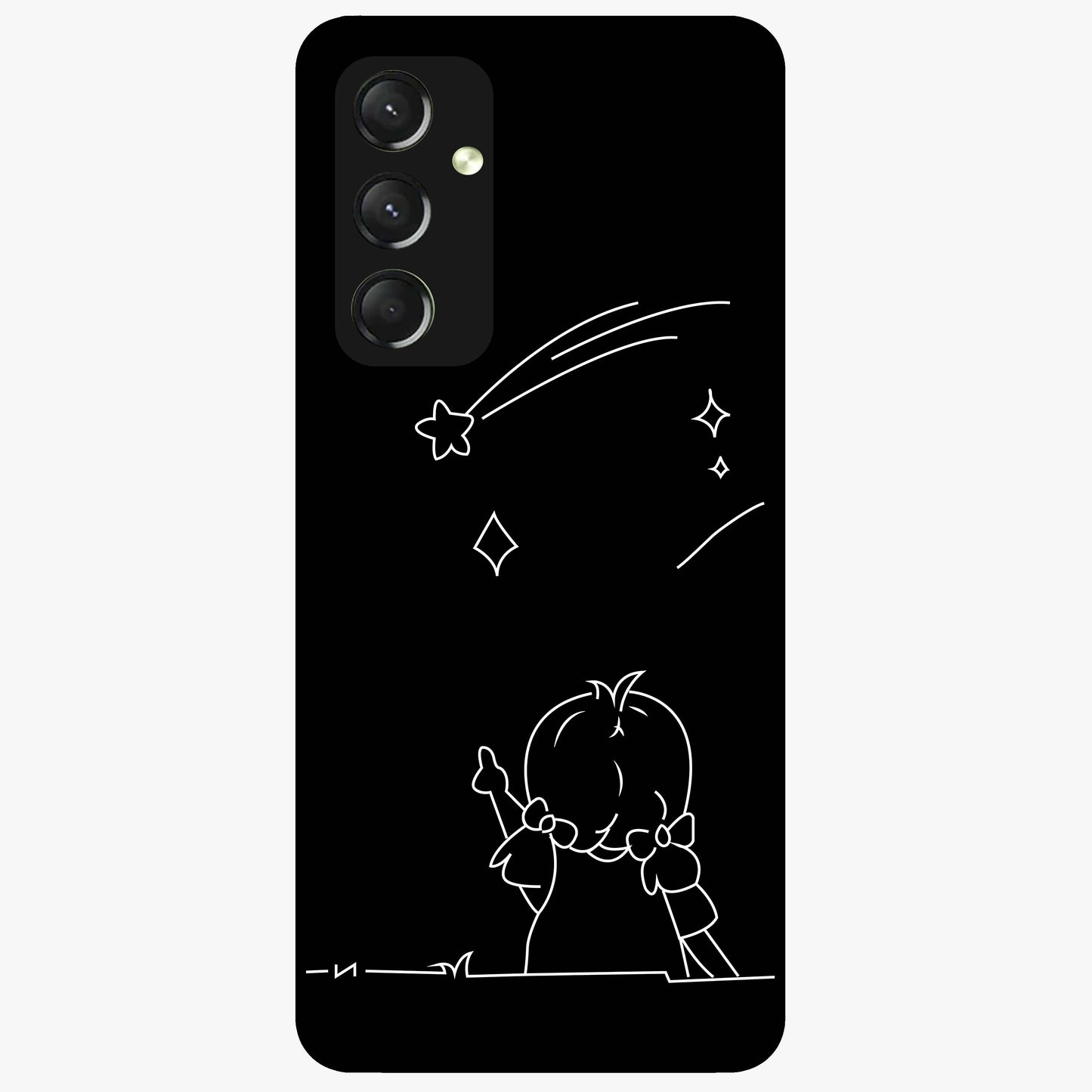Line Art Girl With Shooting Stars Glass Case showing flat back view with minimal line art girl and shooting stars illustration and glossy glass finish.