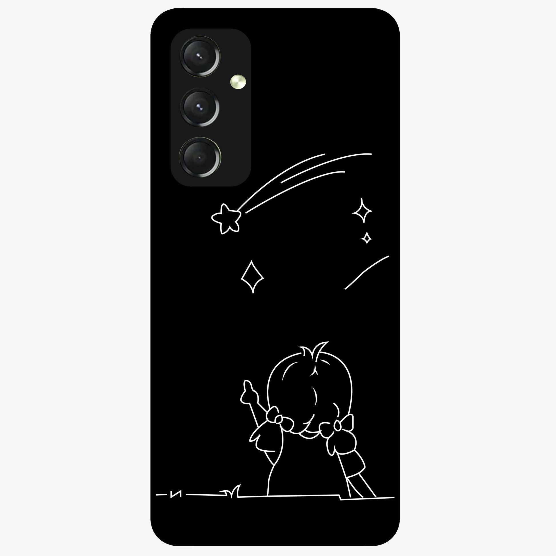Line Art Girl With Shooting Stars Glass Case showing flat back view with minimal line art girl and shooting stars illustration and glossy glass finish.