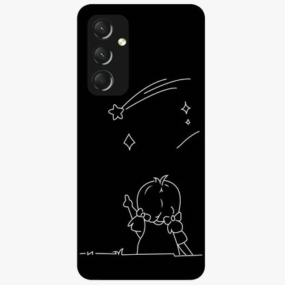 Line Art Girl With Shooting Stars Glass Case showing flat back view with minimal line art girl and shooting stars illustration and glossy glass finish.