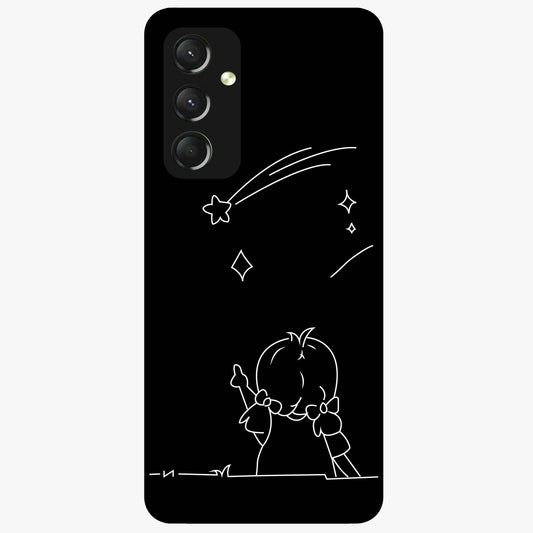 Line Art Girl With Shooting Stars Glass Case showing flat back view with minimal line art girl and shooting stars illustration and glossy glass finish.