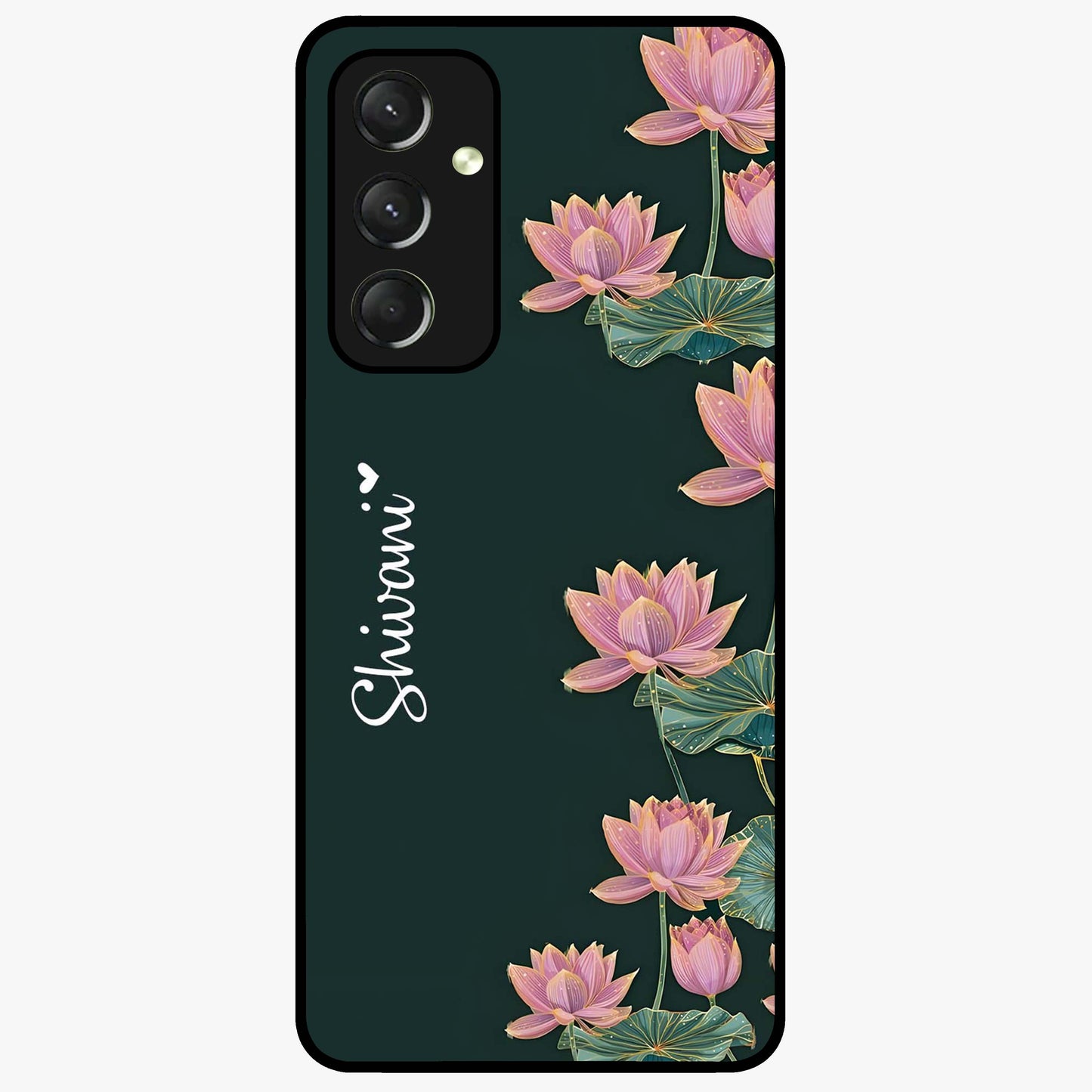 Lotus Bloom Serenity Custom Name Glass Case showing flat back view with elegant lotus flower artwork and personalized name design.