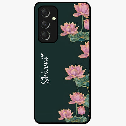 Lotus Bloom Serenity Custom Name Glass Case showing flat back view with elegant lotus flower artwork and personalized name design.