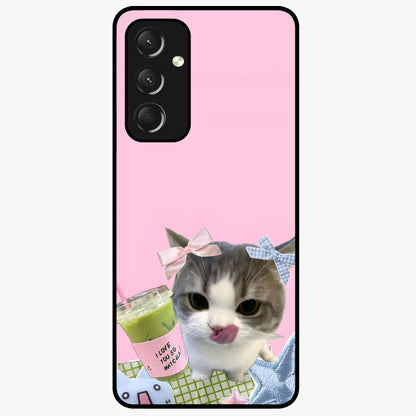 Love Matcha Cat Glass Case showing flat back view with cute cat and matcha themed artwork and glossy glass finish.