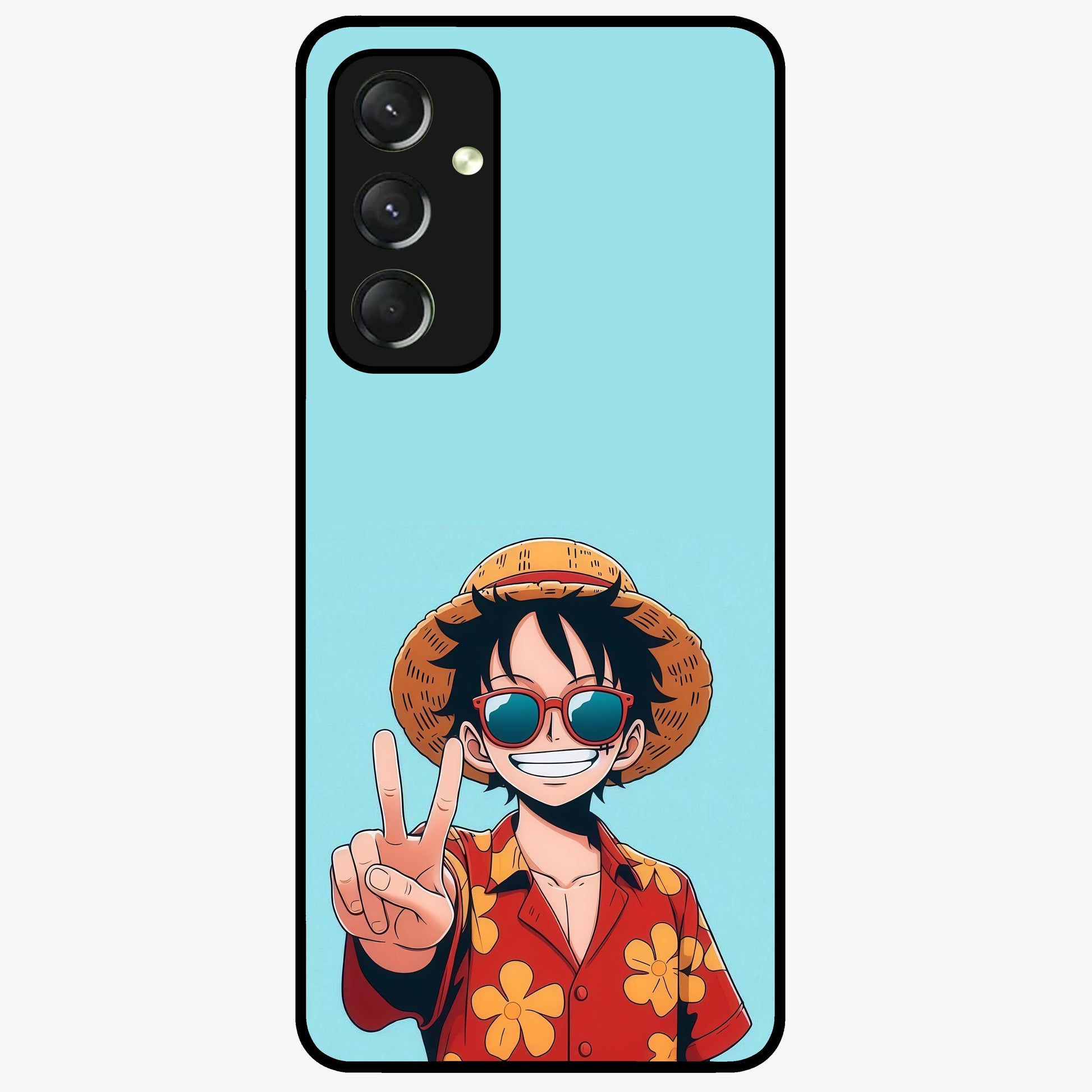 Luffy Summer Anime Vibe Glass Case showing flat back view with vibrant anime character artwork and glossy glass finish.