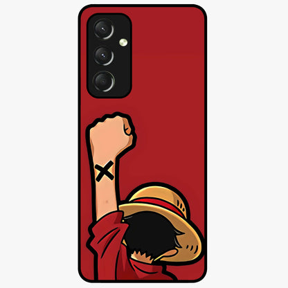 Luffy X Spirit Glass Case showing flat back view with bold anime character artwork and glossy glass finish.