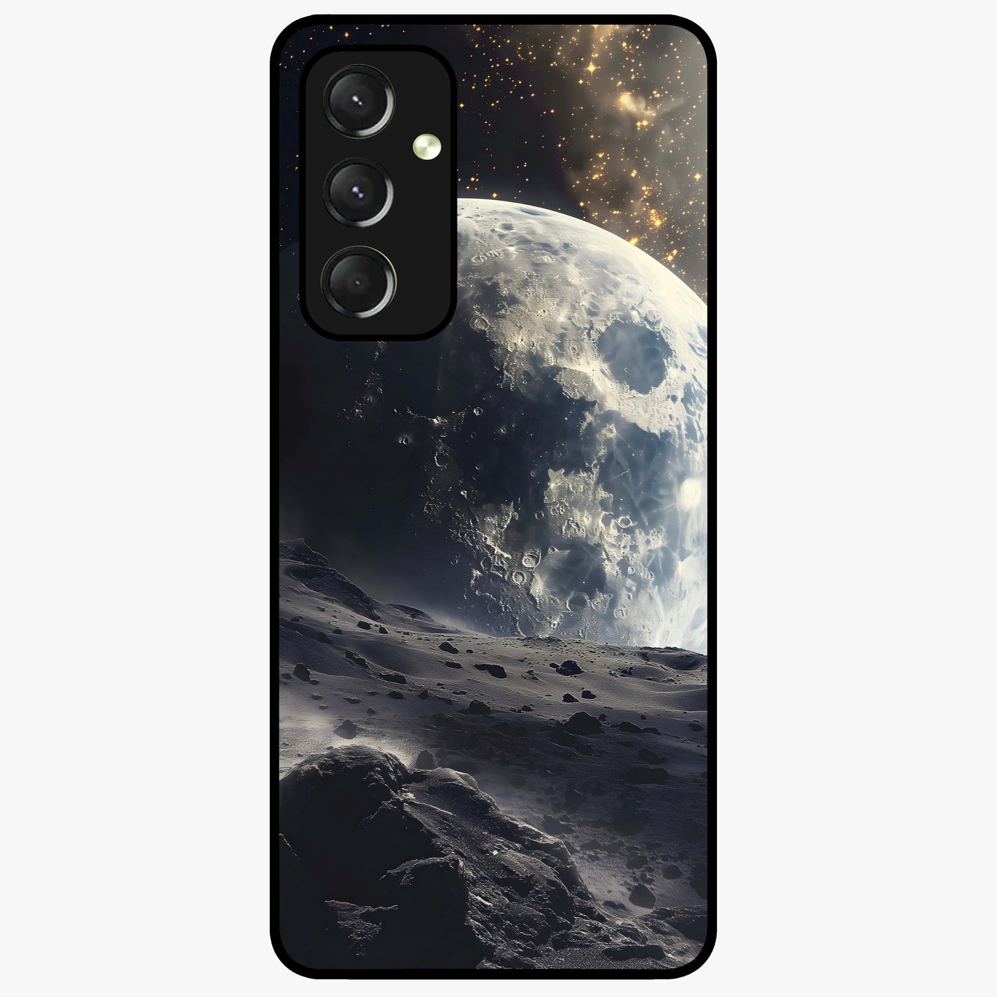 Lunar Horizon Glow Glass Case showing flat back view with glowing moon horizon artwork and glossy glass finish.