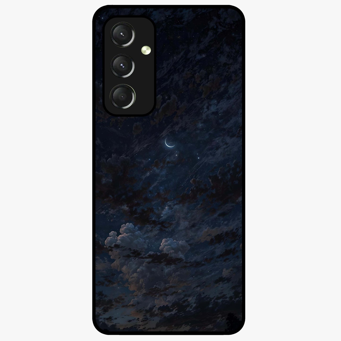 Lunar Veil Silence Glass Case showing flat back view with mystical moon veil artwork and glossy glass finish.