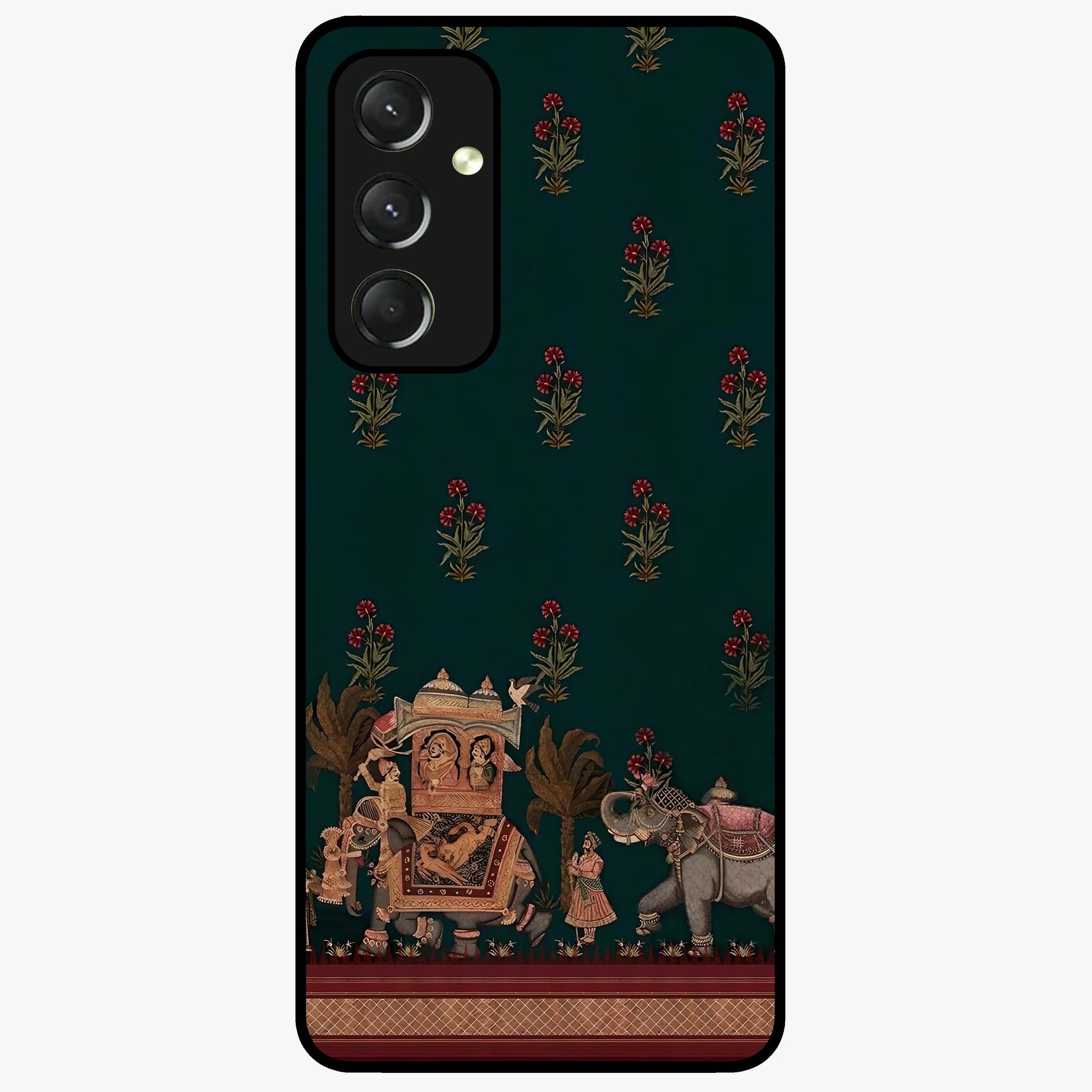 Macmerise Glass Case showing flat back view with stylish modern artwork and glossy glass finish.