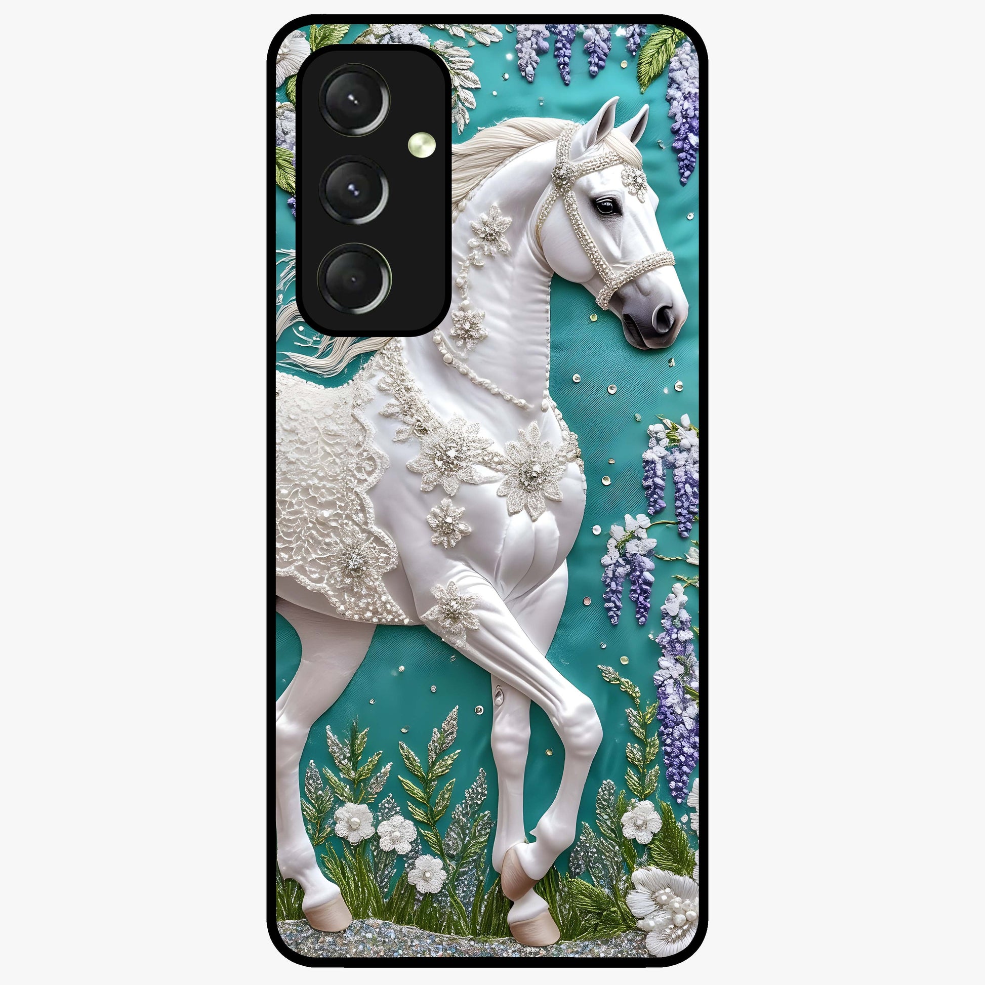 Majestic Floral Stallion Glass Case showing flat back view with powerful horse and floral artwork and glossy glass finish.