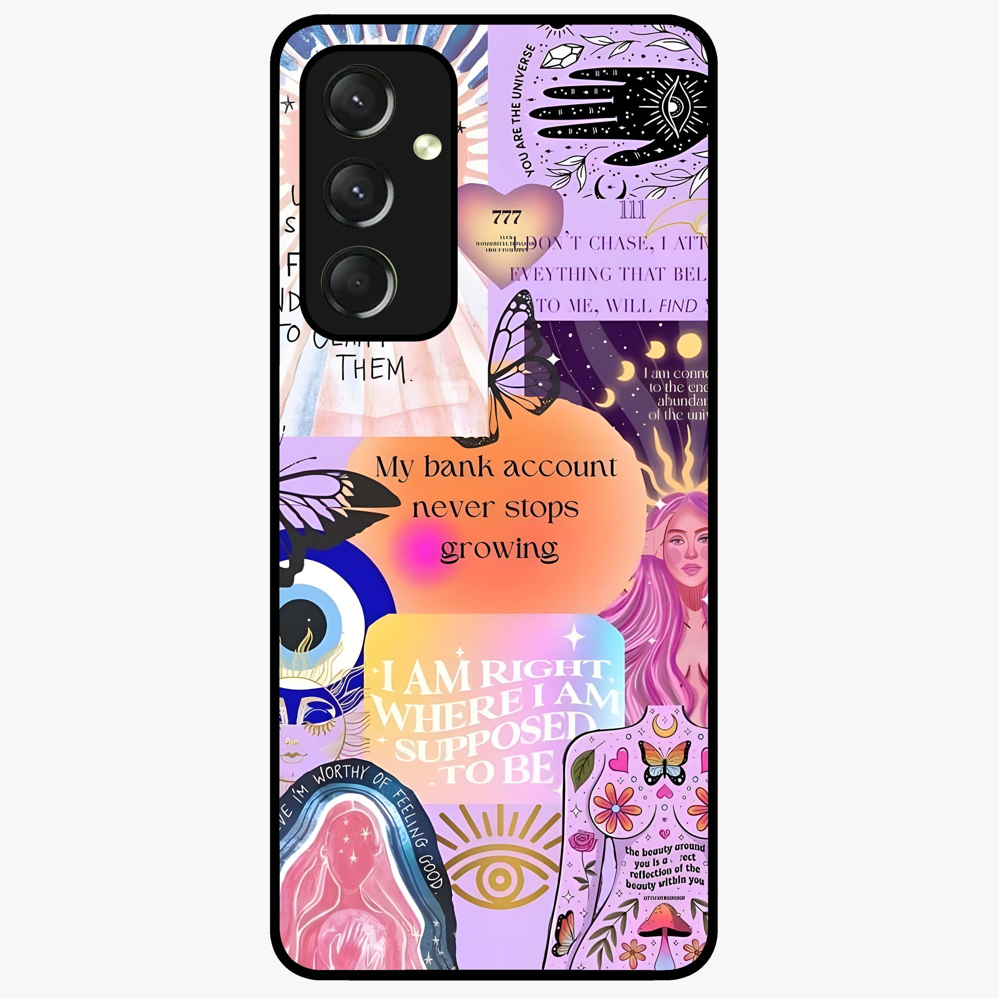 Manifestation Collage Glass Case showing flat back view with motivational collage artwork and glossy glass finish.