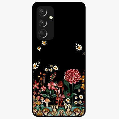Midnight Bloom Pattern Glass Case showing flat back view with dark floral pattern artwork and glossy glass finish.