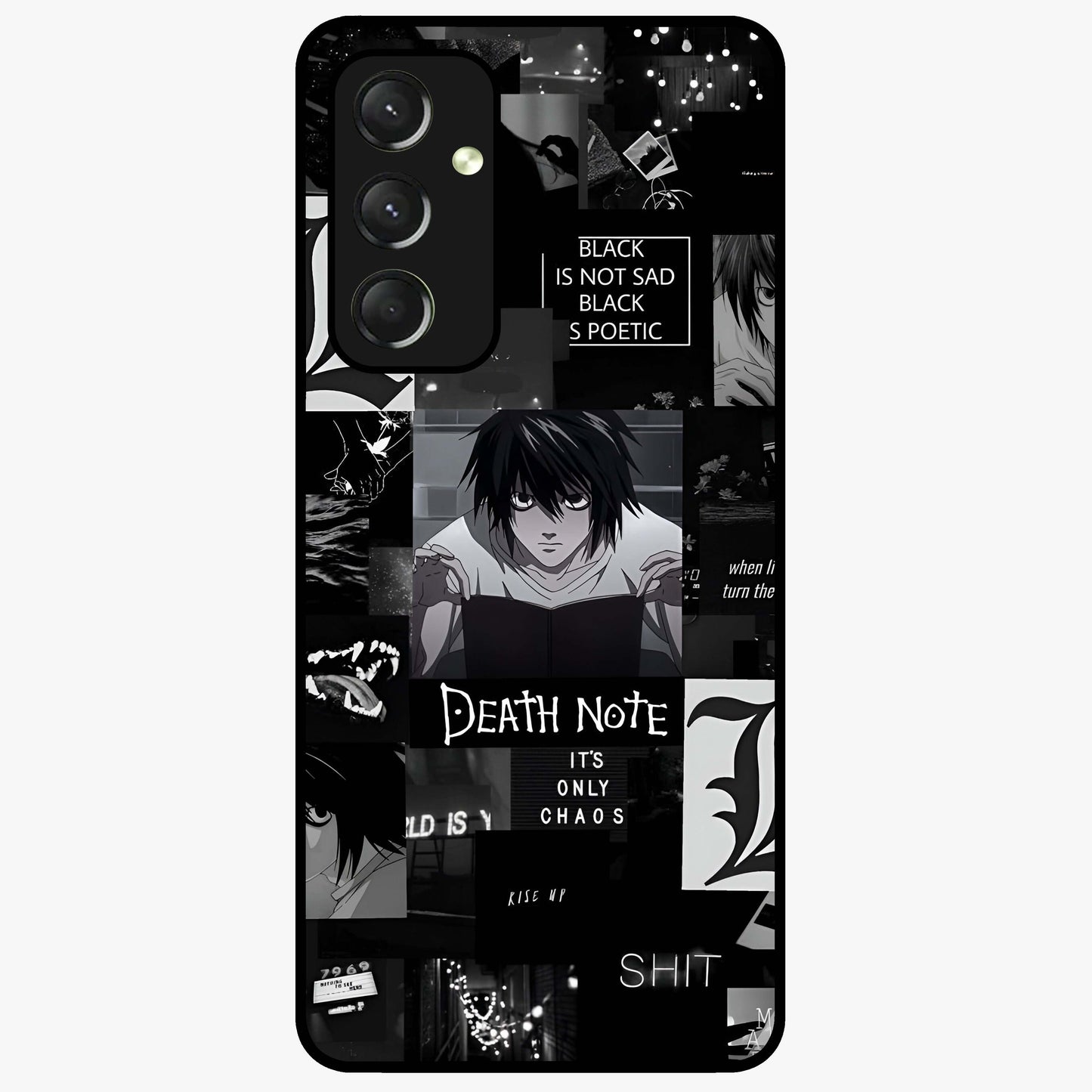 Midnight Chaos Mind Glass Case showing flat back view with abstract dark themed artwork and glossy glass finish.