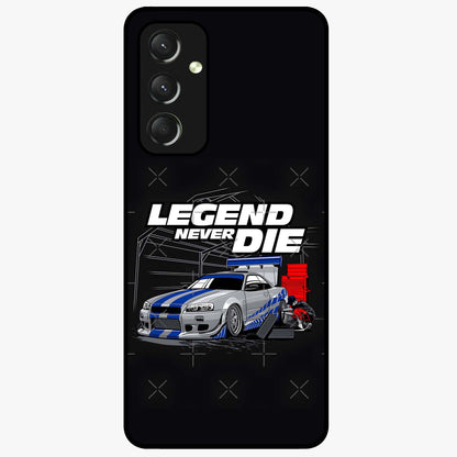 Midnight Racing Legacy Glass Case showing flat back view with sleek racing inspired artwork and glossy glass finish.