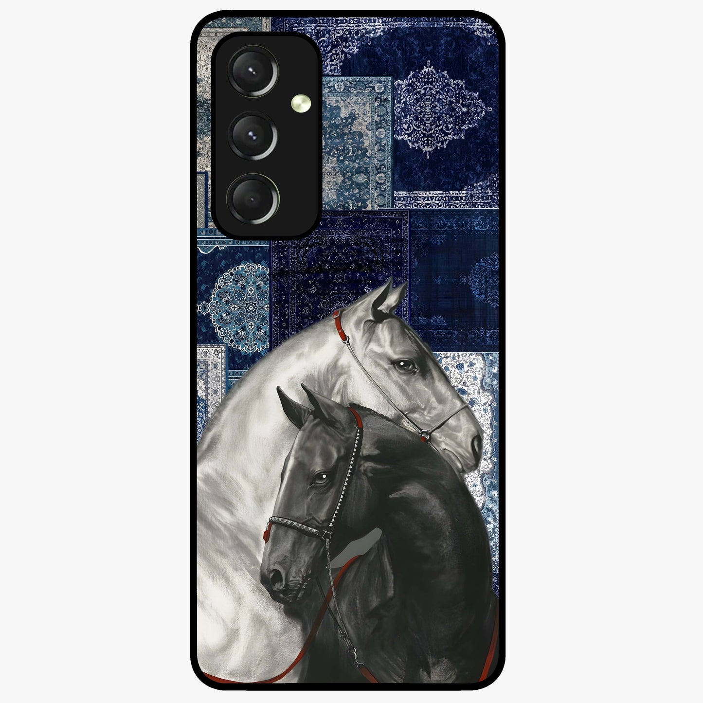 Midnight Stallion Blues Glass Case showing flat back view with majestic horse artwork and glossy glass finish.