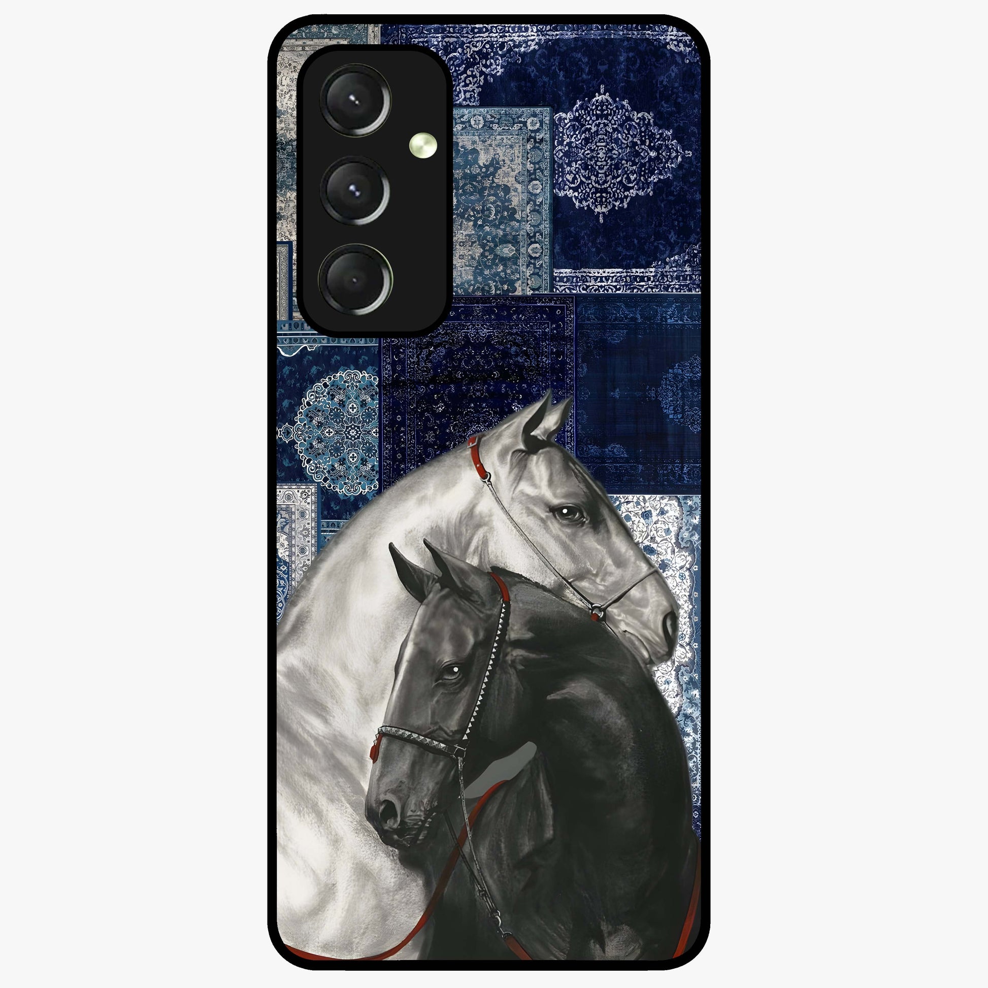 Midnight Stallion Blues Glass Case showing flat back view with majestic horse artwork and glossy glass finish.