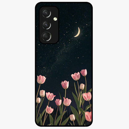Midnight Tulip Whispers Vibe Glass Case showing flat back view with elegant tulip flower artwork and glossy glass finish.