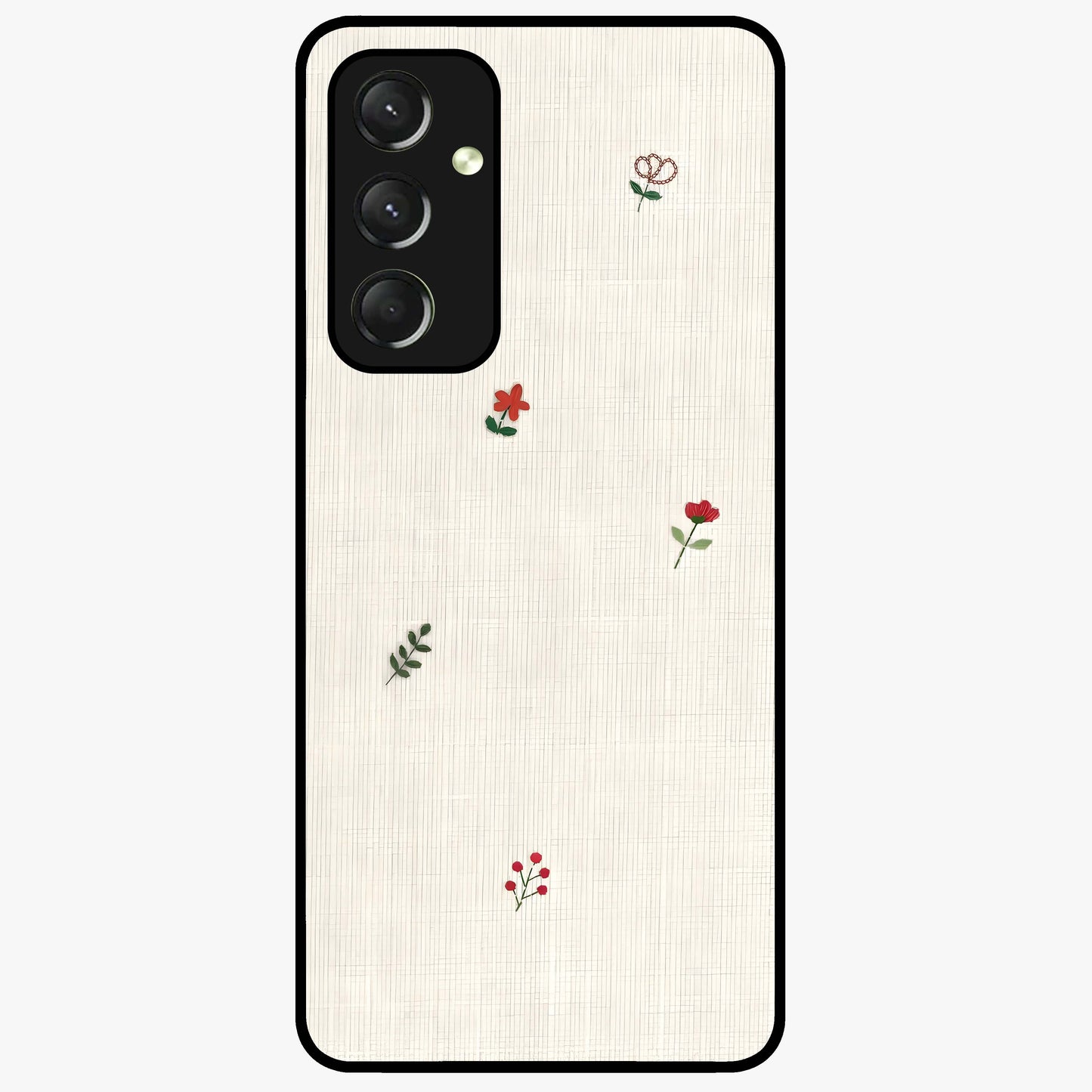 Minimal Petal Whispers Glass Case showing flat back view with soft minimal floral artwork and glossy glass finish.