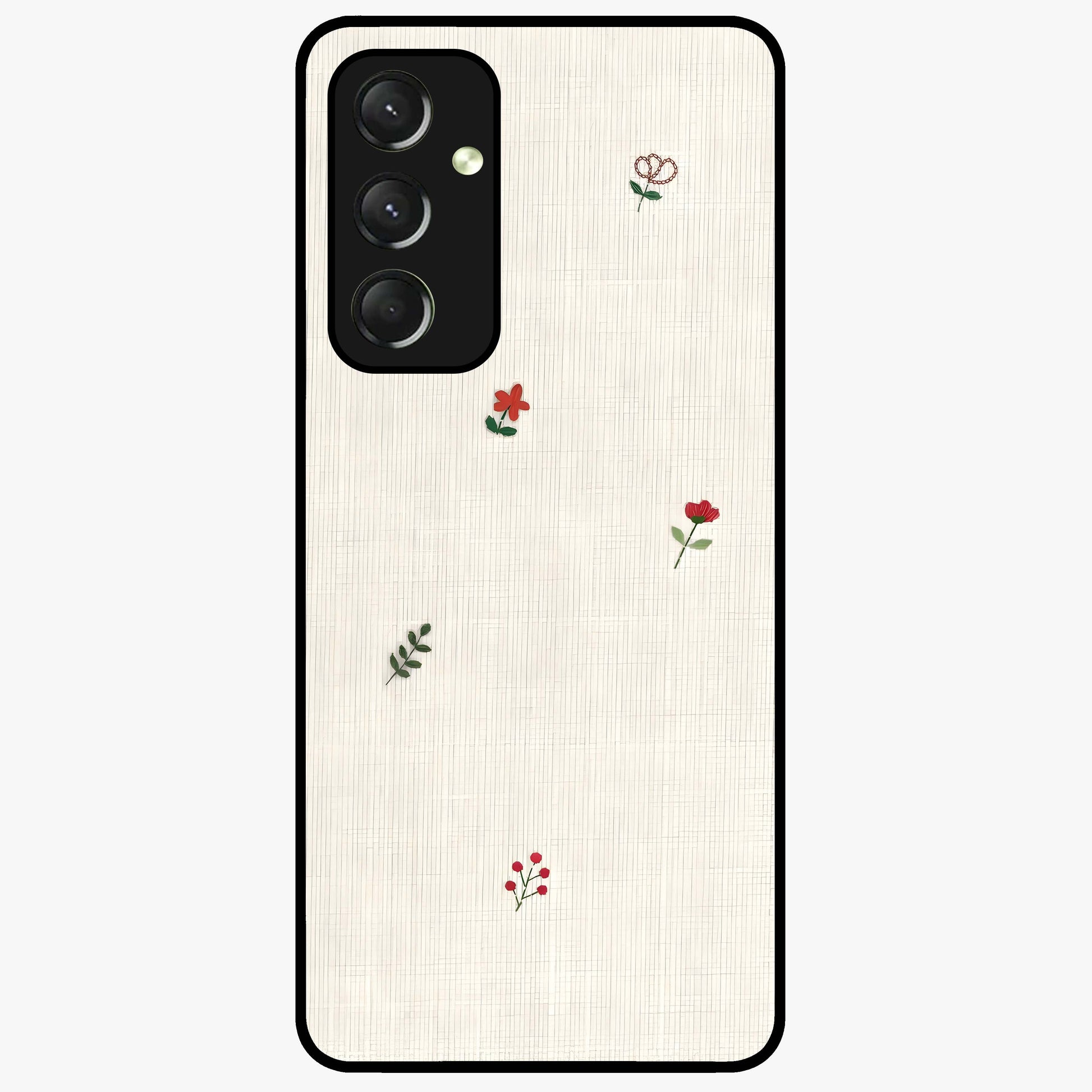 Minimal Petal Whispers Glass Case showing flat back view with soft minimal floral artwork and glossy glass finish.