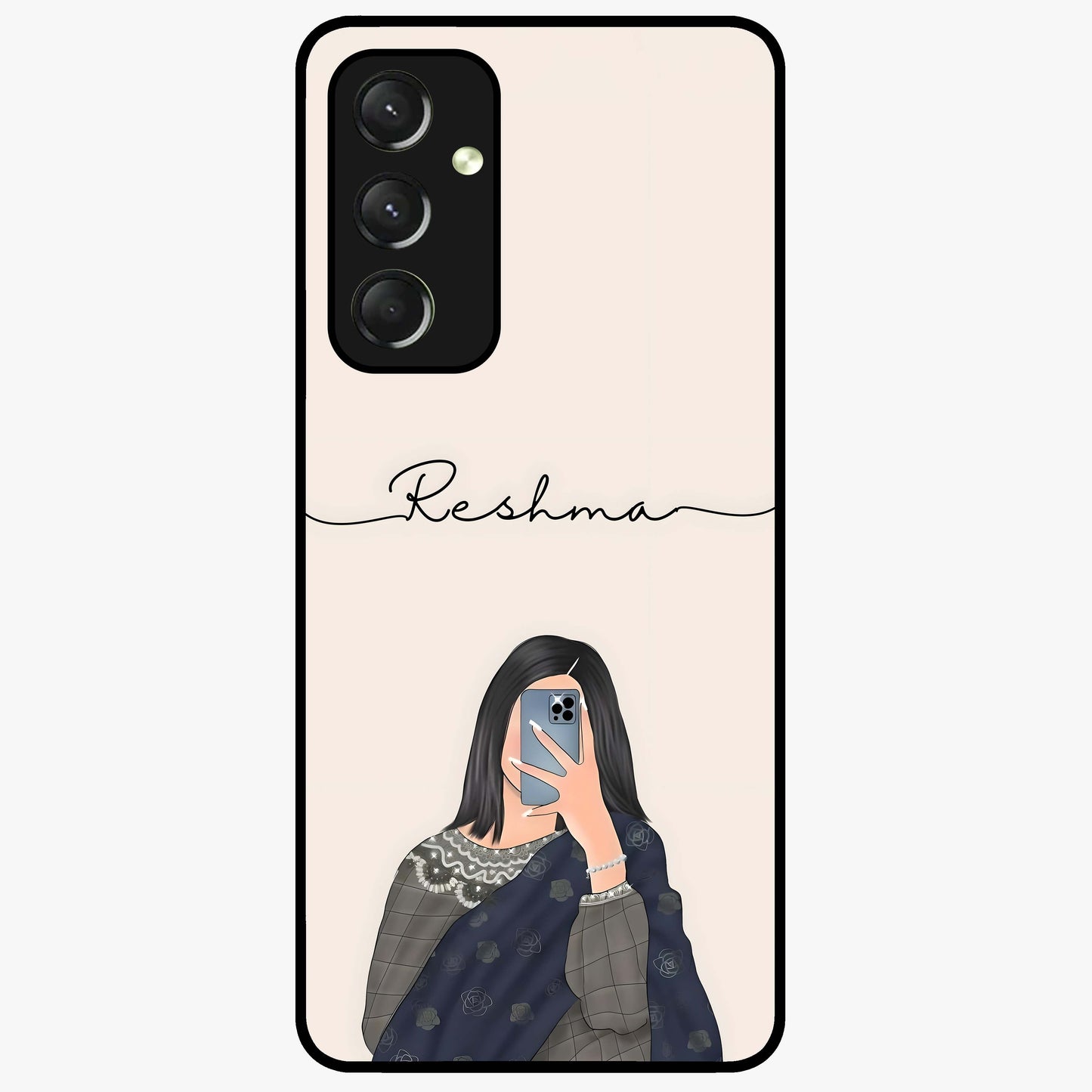 Mirror Mood Muse With Custom Name Glass Case showing flat back view with stylish mirrored artwork and personalized name design.
