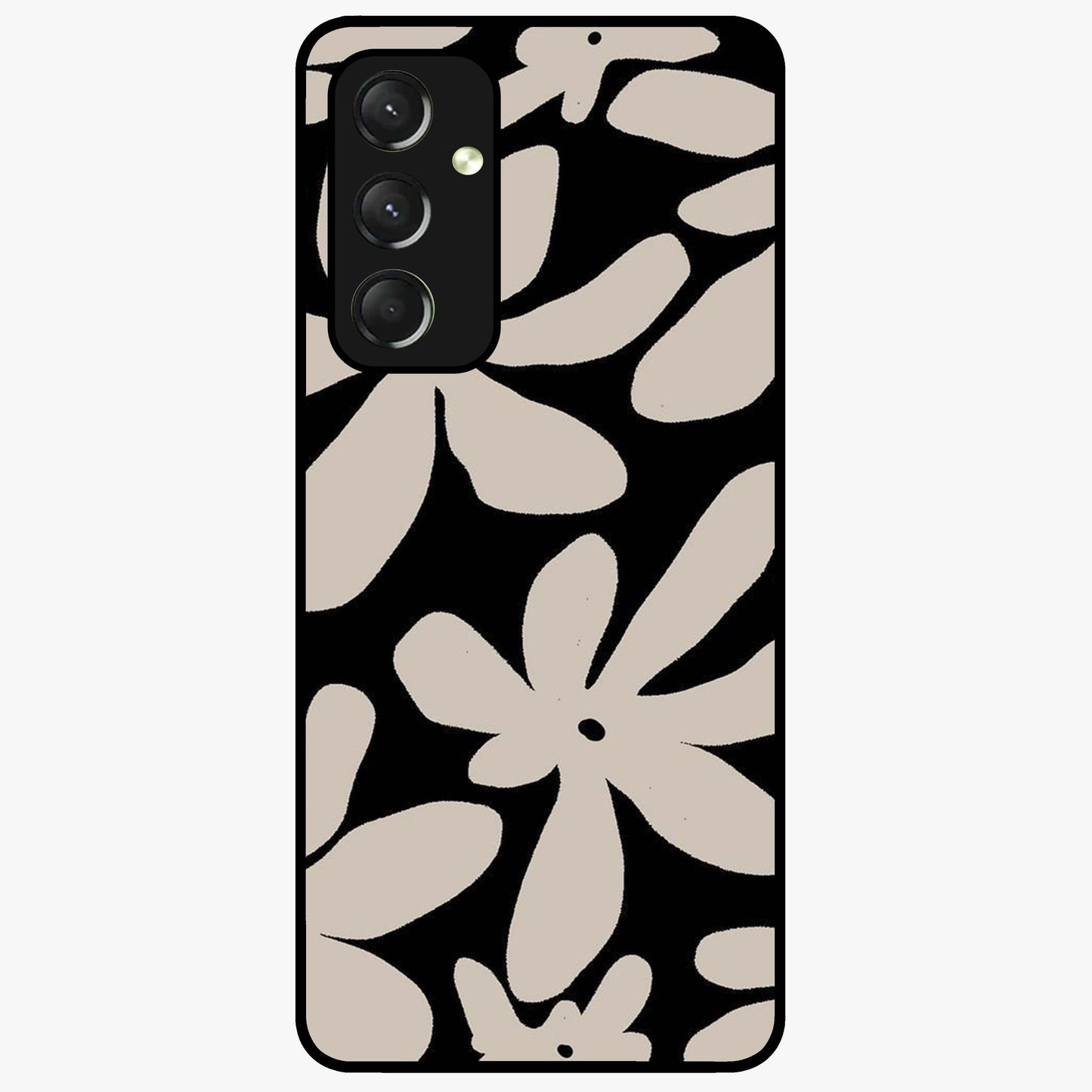 Monochrome Petal Dance Glass Case showing flat back view with monochrome floral artwork and glossy glass finish.