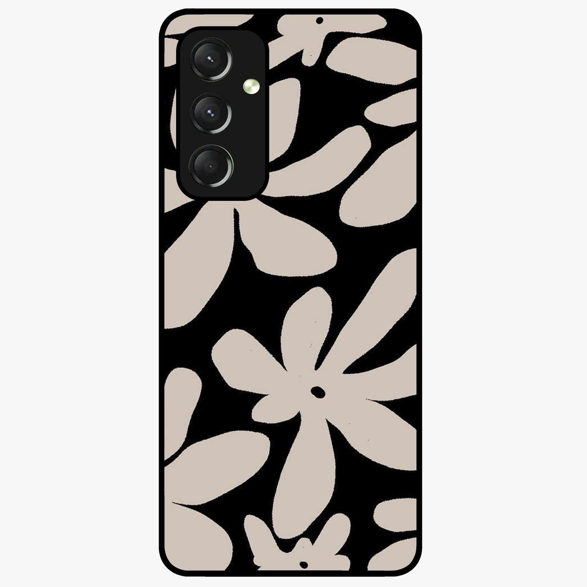 Monochrome Petal Dance Glass Case showing flat back view with monochrome floral artwork and glossy glass finish.