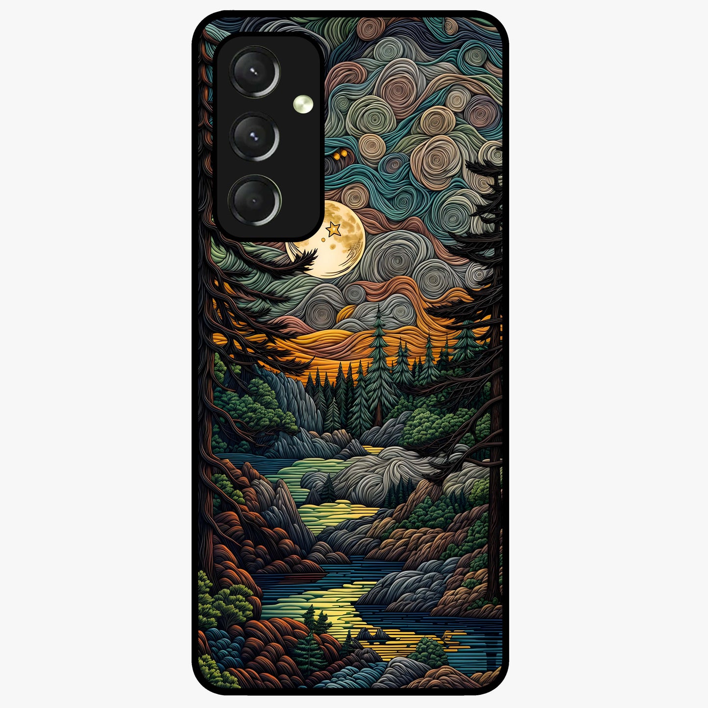 Moonlight Forest Dream Glass Case showing flat back view with mystical forest moonlight artwork and glossy glass finish.