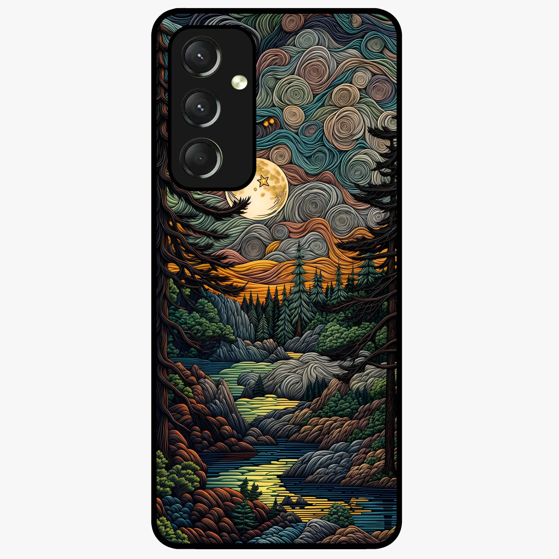 Moonlight Forest Dream Glass Case showing flat back view with mystical forest moonlight artwork and glossy glass finish.
