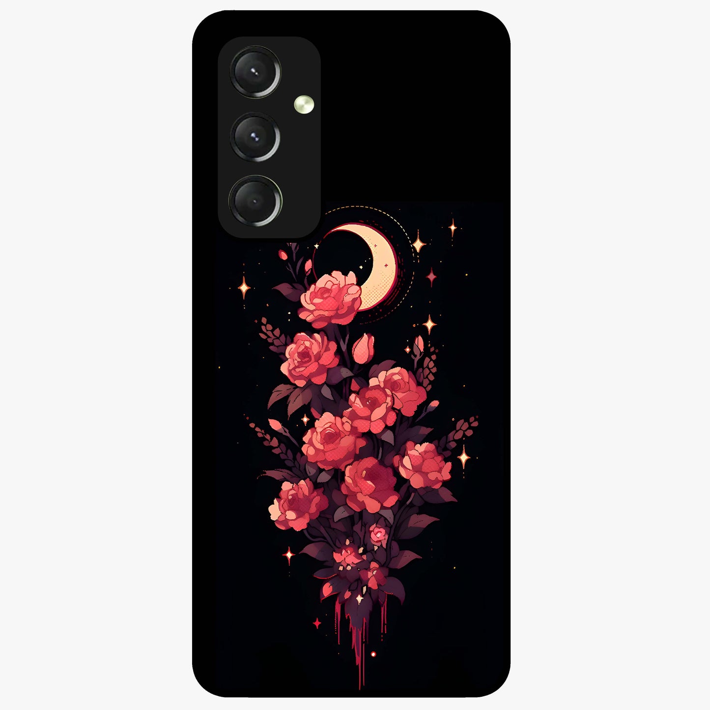Moonlit Floral Elegance Glass Case showing flat back view with elegant floral artwork under moonlit tones and glossy glass finish.