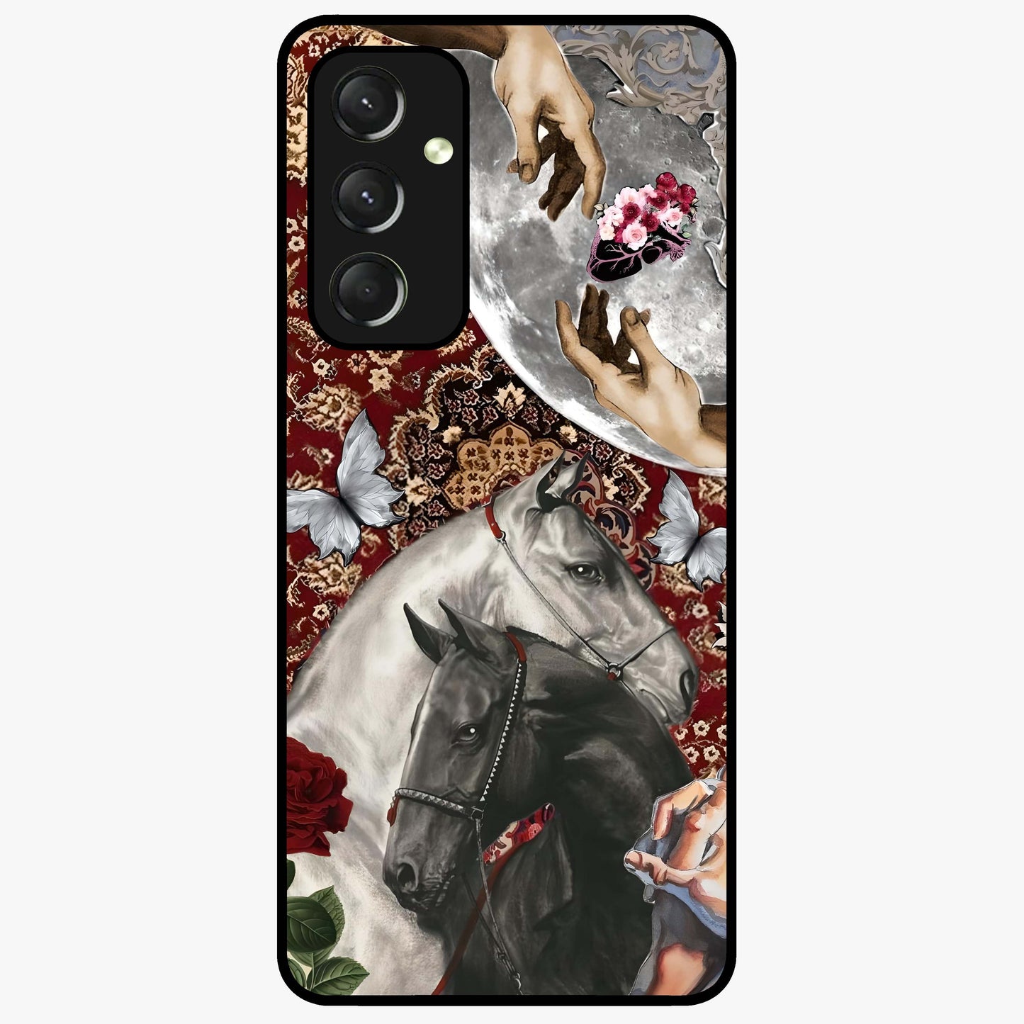 Moonlit Royal Stallion Glass Case showing flat back view with majestic horse under moonlight artwork and glossy glass finish.