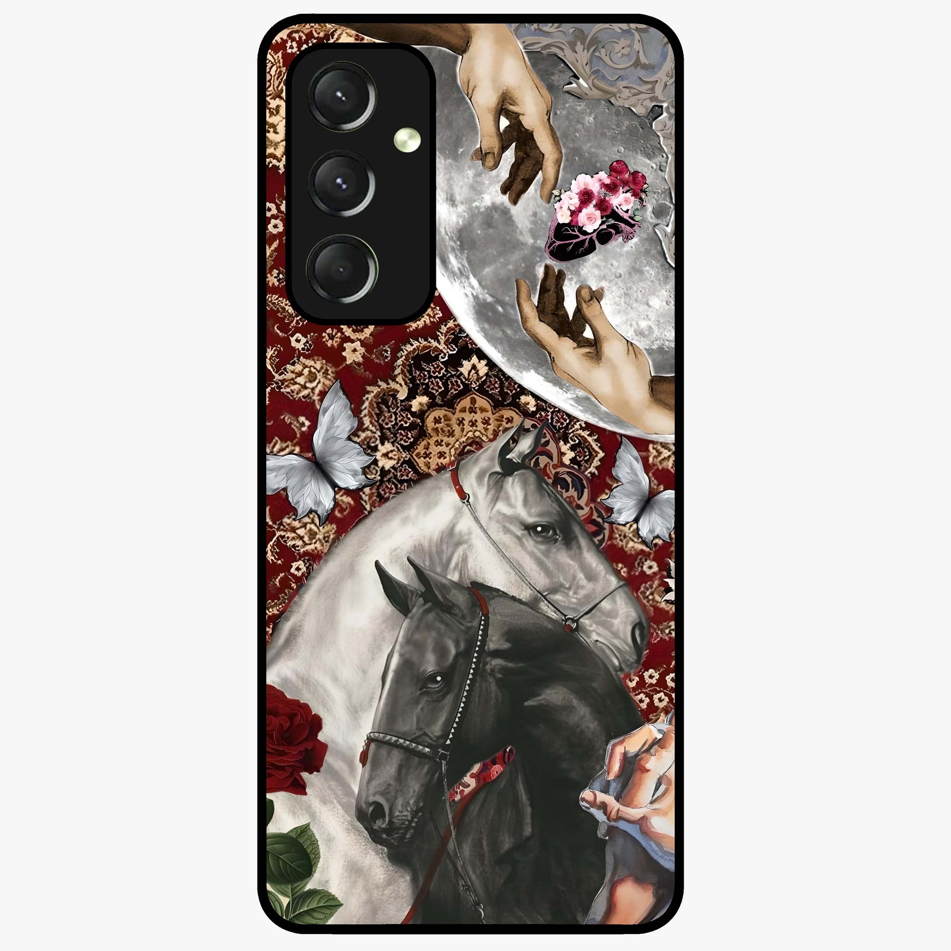 Moonlit Royal Stallion Glass Case showing flat back view with majestic horse under moonlight artwork and glossy glass finish.