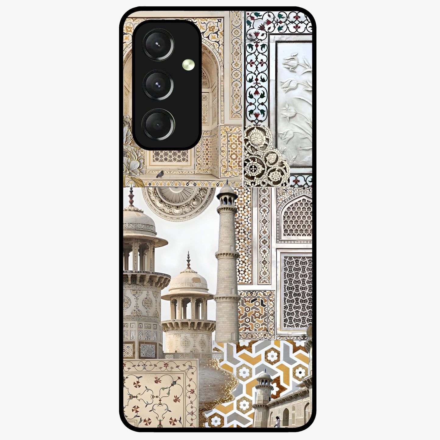 Mughal Marble Legacy Glass Case showing flat back view with intricate Mughal inspired marble pattern and glossy glass finish.