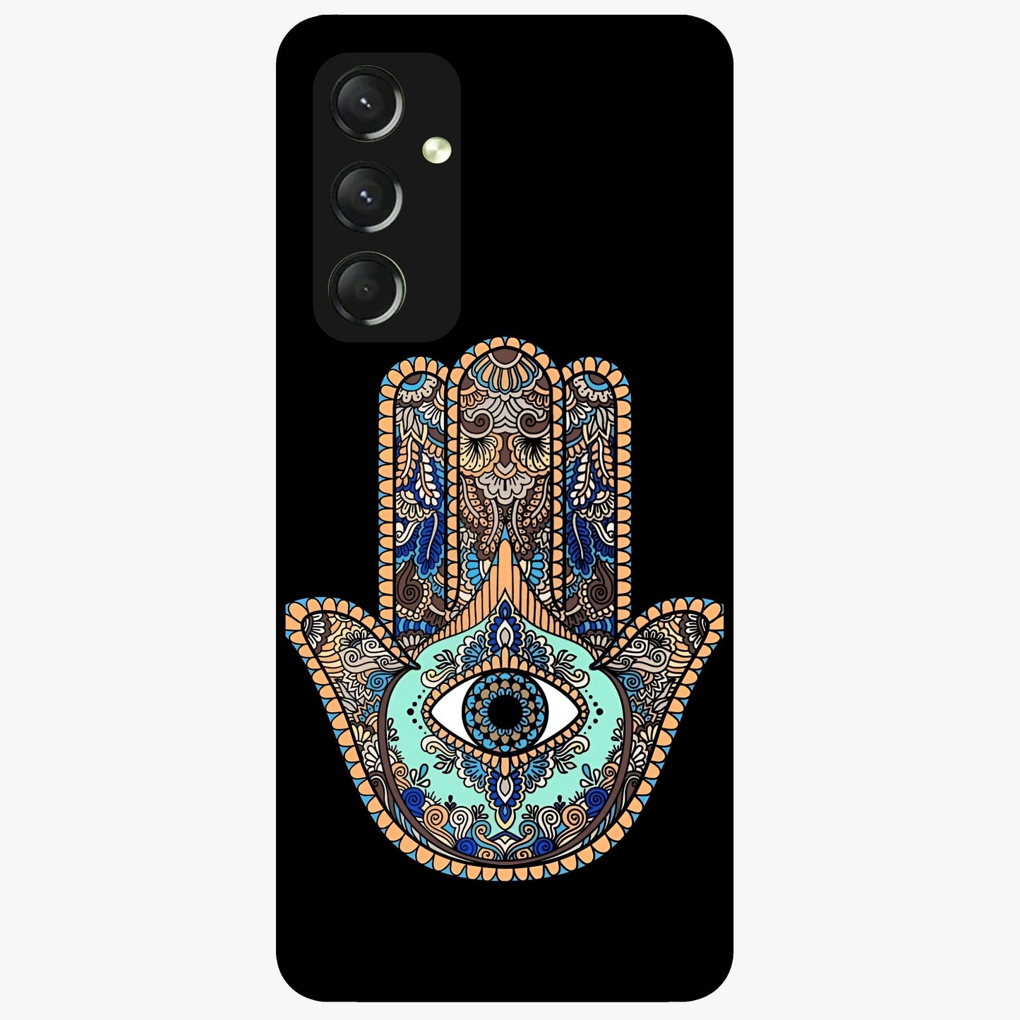 Mystic Hamsa Eye Glass Case showing flat back view with protective hamsa hand and evil eye artwork and glossy glass finish.