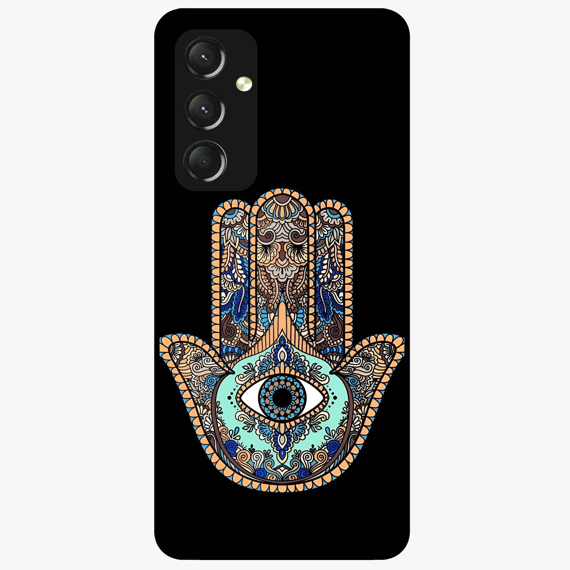 Mystic Hamsa Eye Glass Case showing flat back view with protective hamsa hand and evil eye artwork and glossy glass finish.