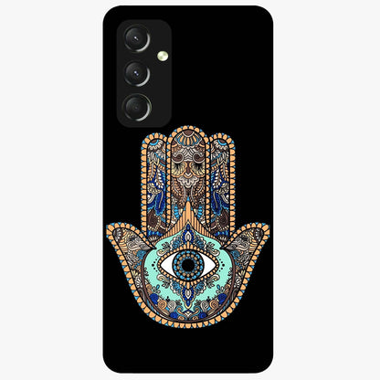 Mystic Hamsa Eye Glass Case showing flat back view with protective hamsa hand and evil eye artwork and glossy glass finish.
