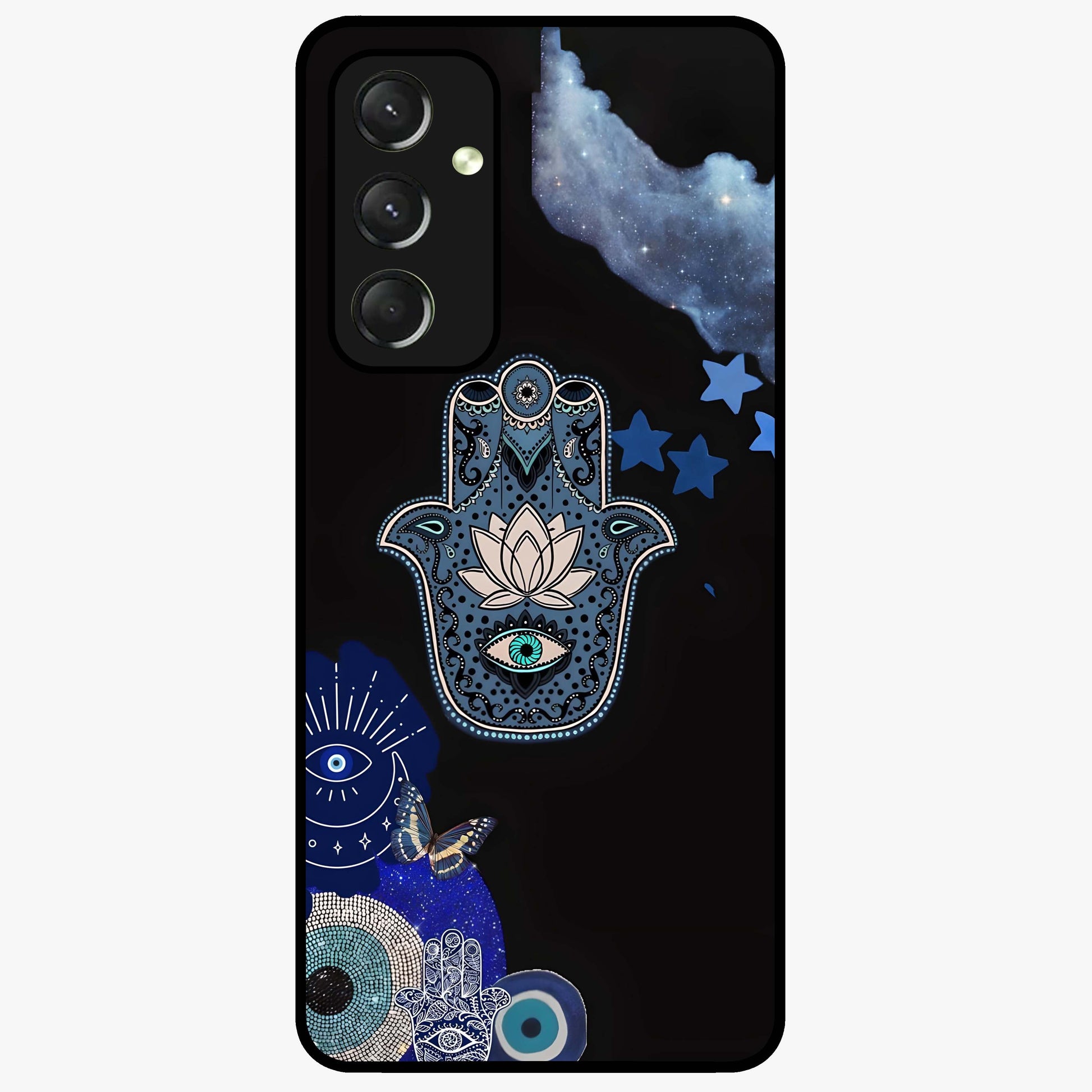 Mystic Hand Aura Glass Case showing flat back view with mystical hand symbol artwork and glossy glass finish.
