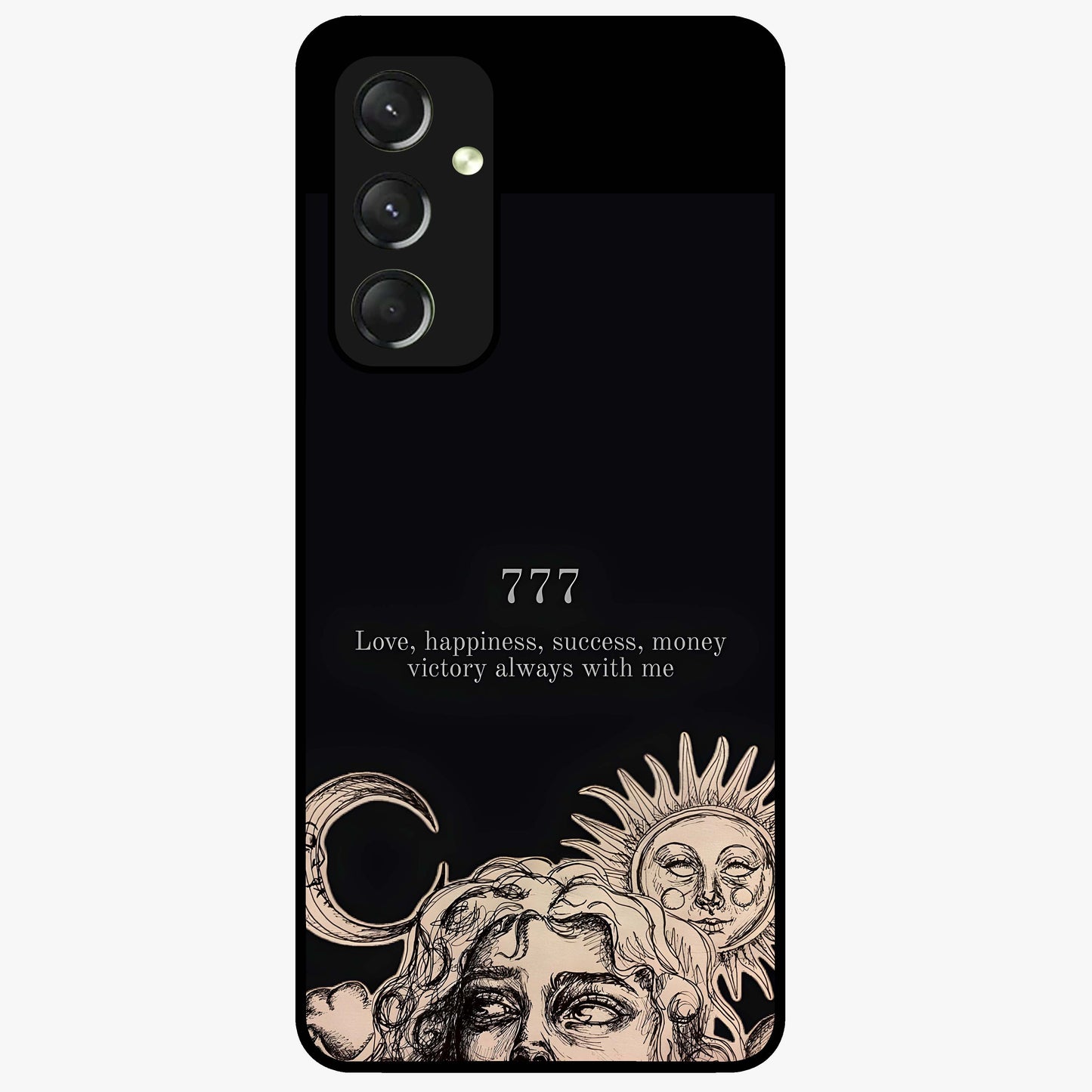 Mystic Victory Aura Glass Case showing flat back view with victory symbol artwork and glossy glass finish.