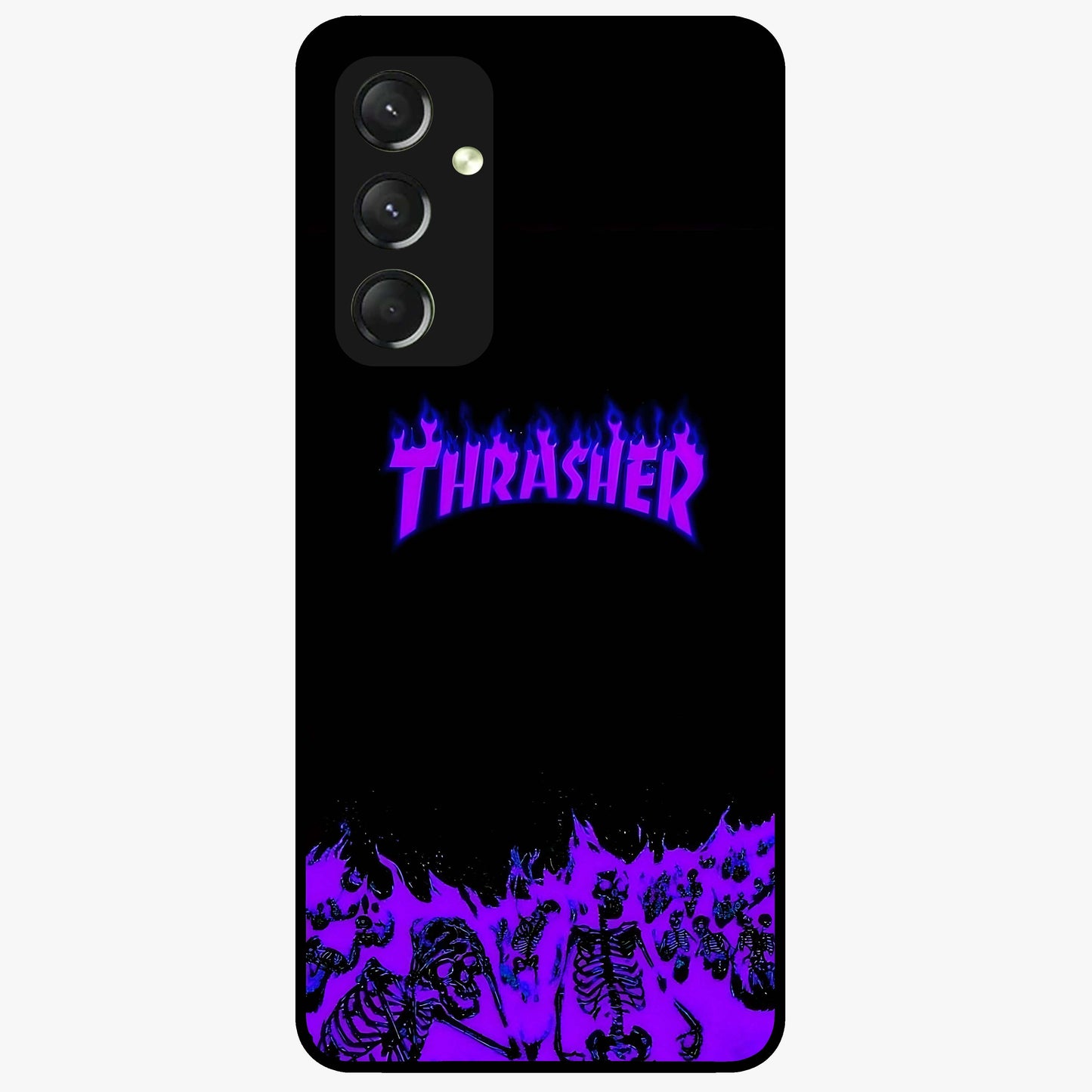 Neon Flame Riot Glass Case showing flat back view with neon flame artwork and glossy glass finish.