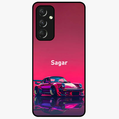 Neon Pink Porsche Glass Case showing flat back view with stylish sports car artwork and glossy glass finish.