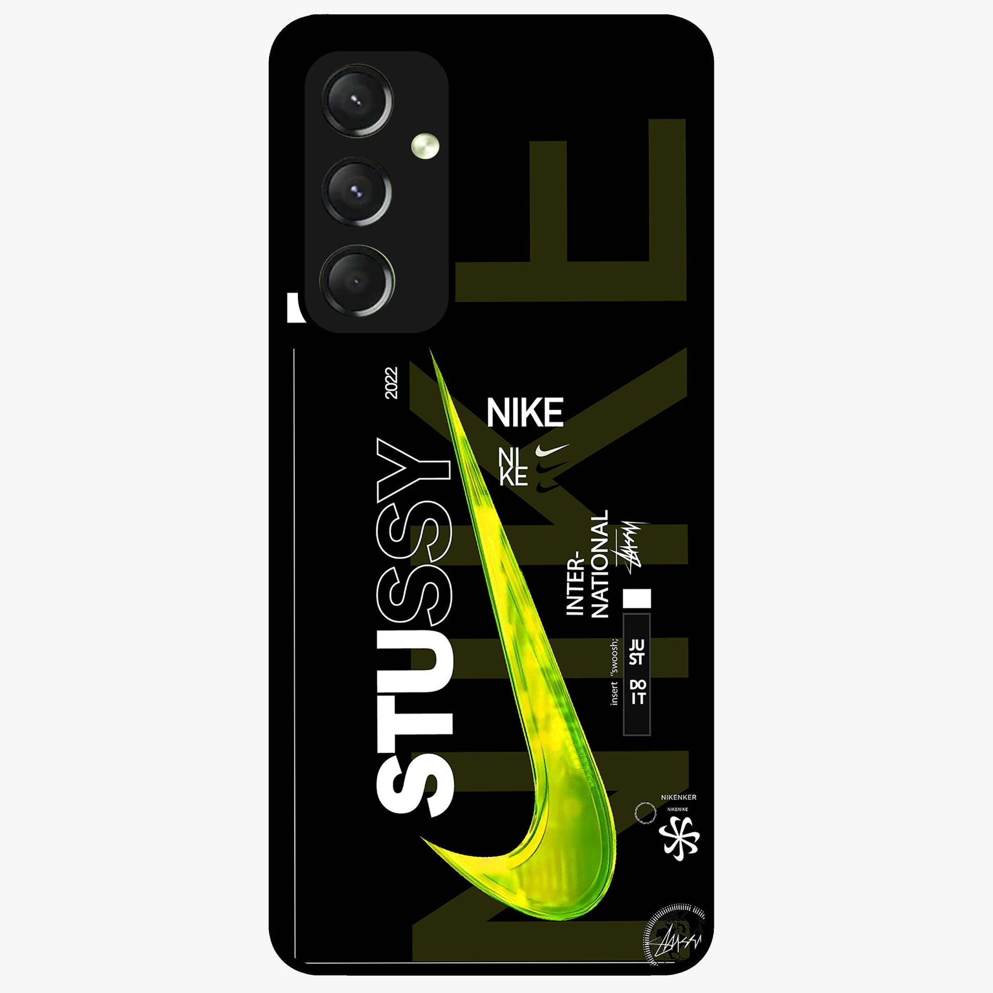 Neon Street Edition Glass Case showing flat back view with neon street style artwork and glossy glass finish.