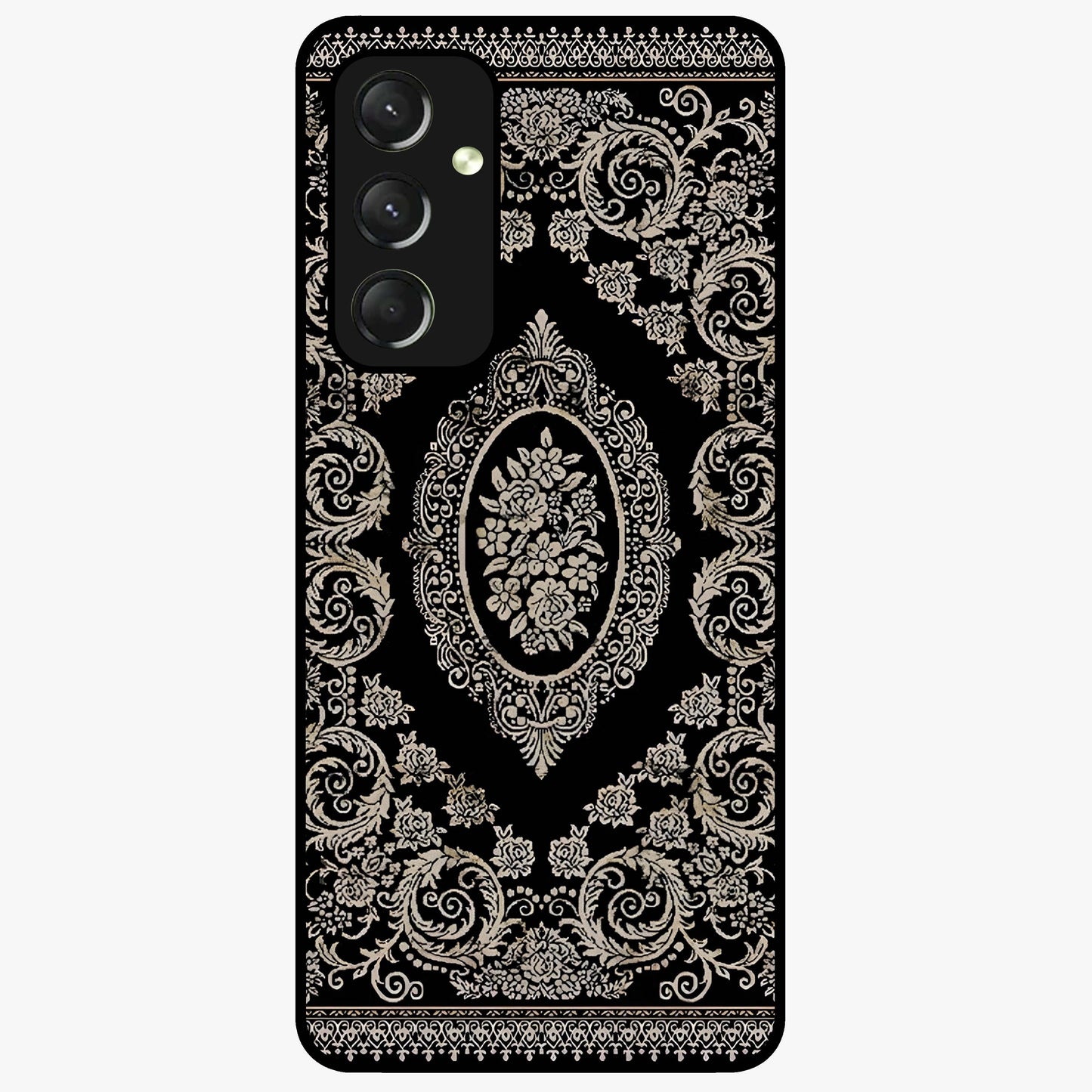 Noir Bloom Elegance Glass Case showing flat back view with elegant dark floral artwork and glossy glass finish.