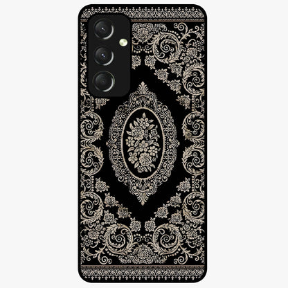 Noir Bloom Elegance Glass Case showing flat back view with elegant dark floral artwork and glossy glass finish.