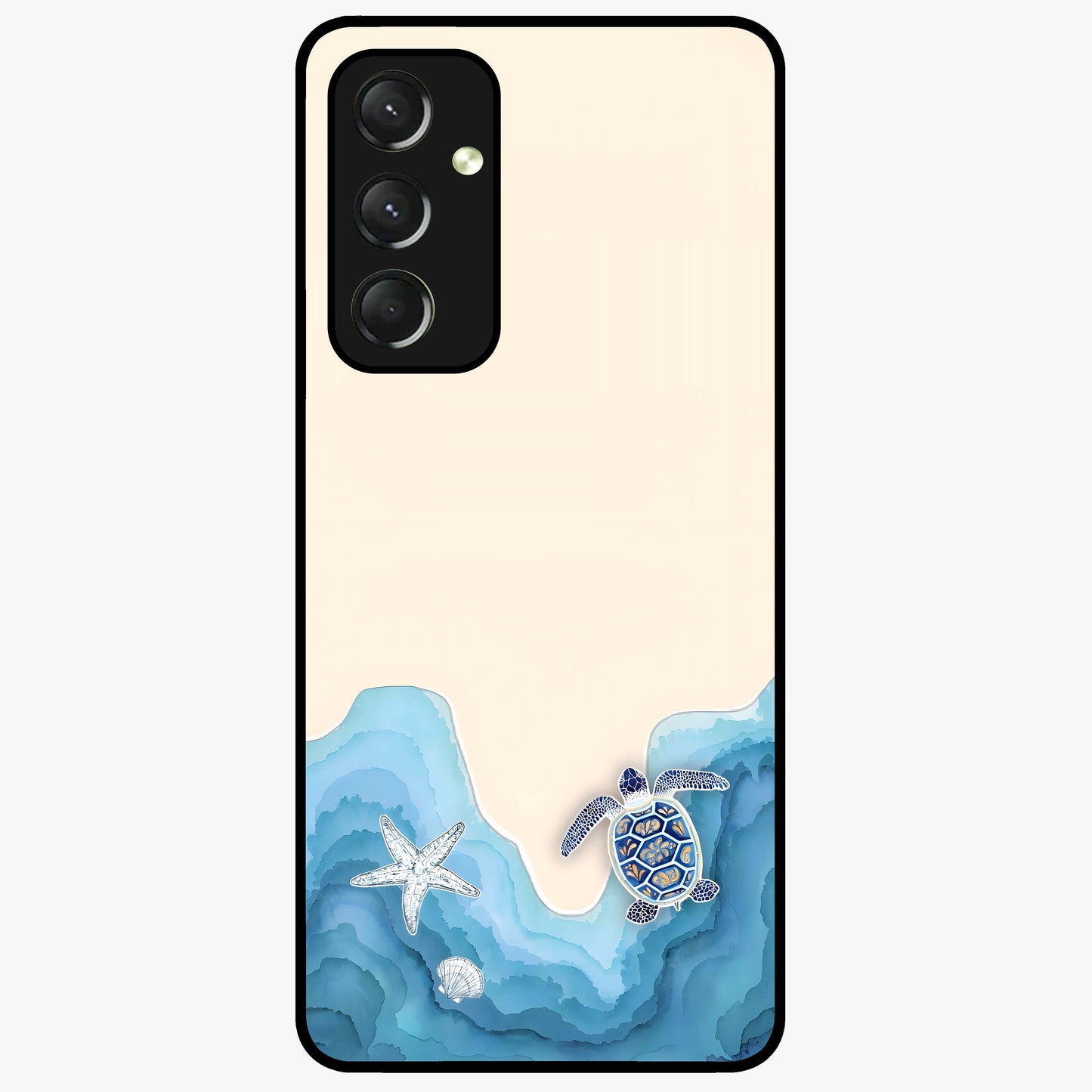 Ocean Drift Turtle Glass Case showing flat back view with sea turtle artwork and glossy glass finish.