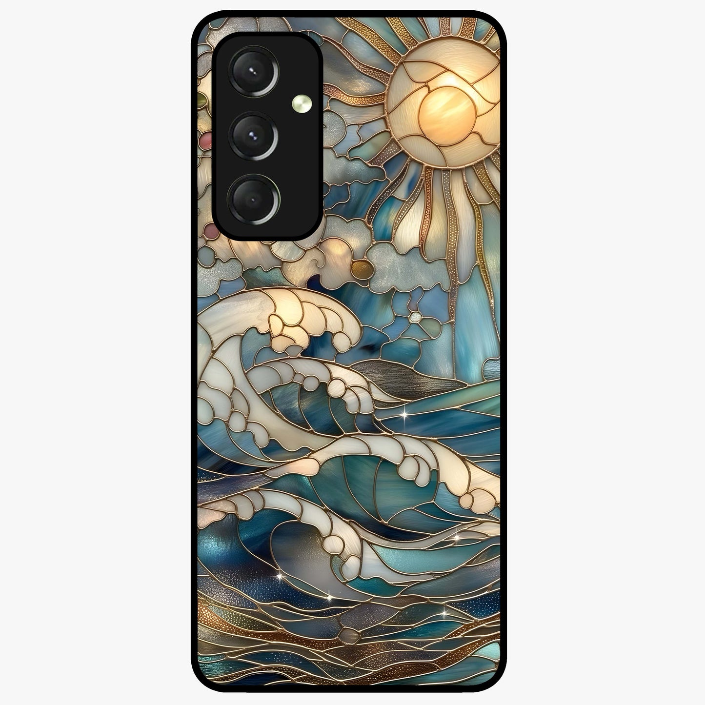 Oceanic Stained Printed Glass Case showing flat back view with ocean inspired stained pattern artwork and glossy glass finish.